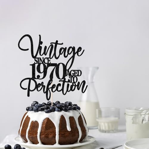 Kaoenla Glitter Vintage Since 1970 Cake Topper, Black Sparkle Aged to Perfection 56th Birthday & Anniversary Party Cake Decoration