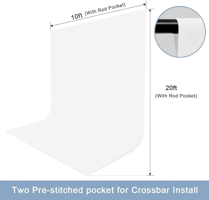10X20ft White Photo Backdrops for Photography, LCUIRC TWO ROD POCKET White Backdrops Curtain for Parties, Polyester White background with 4 Clamps for Product Protrait Photoshoot or Parties Decoration