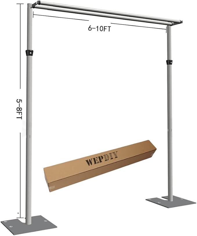 Portable Pipe and Drape Heavy Duty Backdrop Stand, ADJ Metal Frame and Heavy Metal Base for Wedding, Birthday Party, Photography Backdrop(Tall-8FT & 2*CrossBar-10FT & Hangers)
