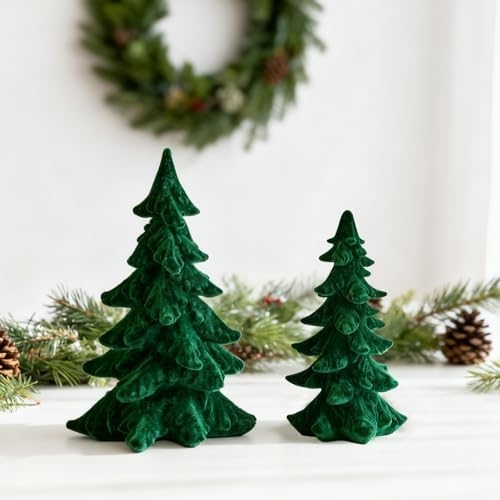 dn deconation flocked christmas tree figurines, green velvet on a desk or shelf