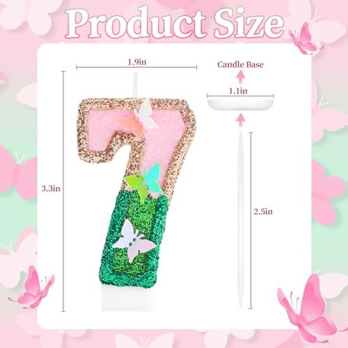Butterfly Birthday Candles Numbers for Cakes, Pink and Green Party Decorations, Birthday Party Glitter Number 7 Candle Cake Topper with Sequins for Girls Women Anniversary Celebrations Supplies