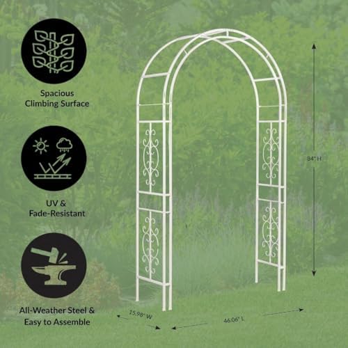 Plow & Hearth Arch Metal Outdoor Garden Arbor Montebello White, 7 Feet Ta...