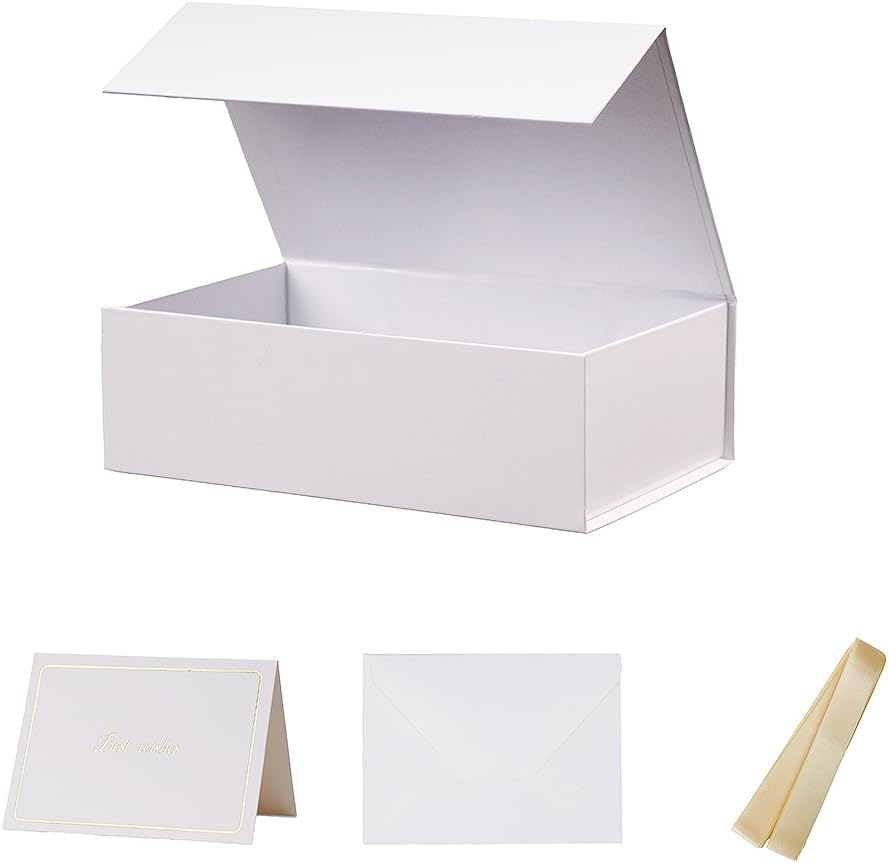 UoeRing 1 Pcs White Gift Box 9.5x6x3 Inch with Magnetic Lid | Collapsible Luxury Present Box,for Birthday,Christmas Holiday Gift Includes Card,Ribbon