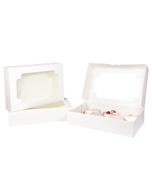 qiqee Auto-pop up White Cookie Box with Window 12x8x2.5 inch 32 Packs Two Uses One Second Folding Pastry Biscuit Bakery Box for Packaging