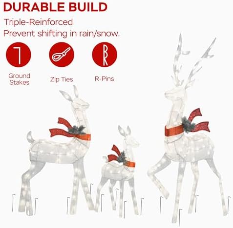 outdoor lighted deer family decor 3-piece set showing dimensions