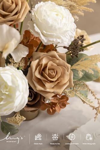 Ling's moment Fake Flowers Box, Faux Pampas Artificial Gardenia Foam Roses Silk Peony for Centerpieces Bouquet Wedding Floral Arrangements Bridal Shower Party, Earth Brown & Tawny Beige, Deluxe Combo