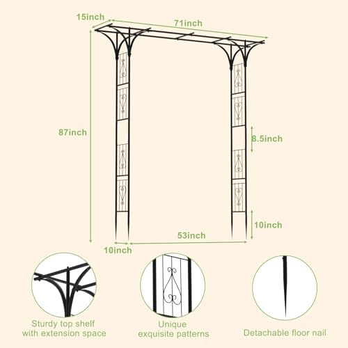 7ft garden arch arbor steel trellis for climbing showing dimensions