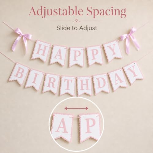 Pink Happy Birthday Banner with Satin Bows, Coquette Bow Birthday Decor | Bow theme party decor for coquette birthdays, cake table displays and photo backdrops.