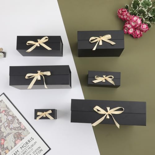 BoxSkivra Black Gift Box with Ribbon 1 Pack 6X6X3 Inch Small Gift Box with Lid Magnetic Closure Rectangle Collapsible Luxury Gift Boxes Shredded Paper Filler & Card