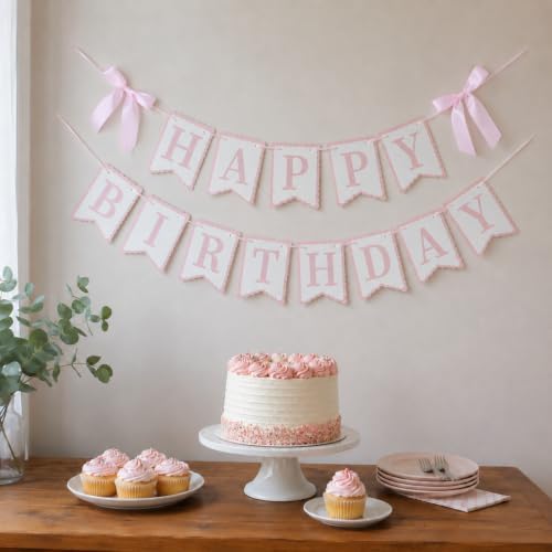 Pink Happy Birthday Banner with Satin Bows, Coquette Bow Birthday Decor | Bow theme party decor for coquette birthdays, cake table displays and photo backdrops.