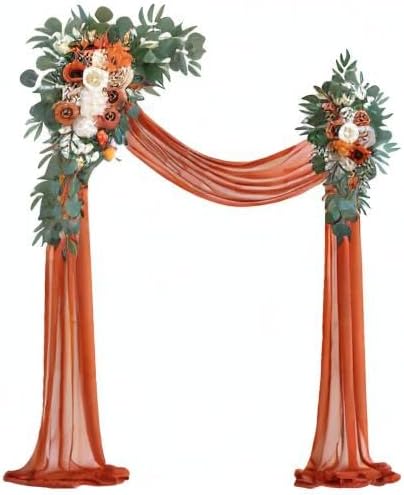 Burnt Orange Artificial Wedding Arch Flowers Kit (Pack of 3) with 26Ft Terracotta Shiny Arch Draping Fabric for DIY Wedding Party Ceremony Reception Backdrop Floral Decoration