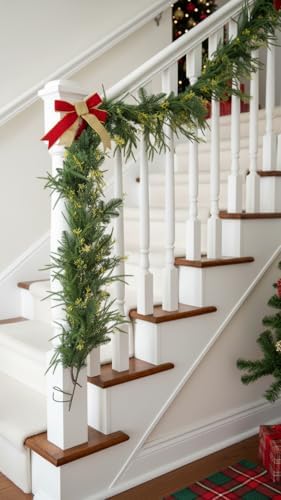 9ft handmade christmas garland,artificial cypress cedar pine needles, front angle view