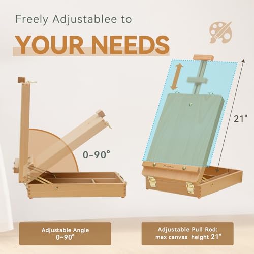 tabletop art easel for painting, wooden sketchbox, portable, close-up detail