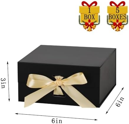 BoxSkivra Black Gift Box with Ribbon 1 Pack 6X6X3 Inch Small Gift Box with Lid Magnetic Closure Rectangle Collapsible Luxury Gift Boxes Shredded Paper Filler & Card
