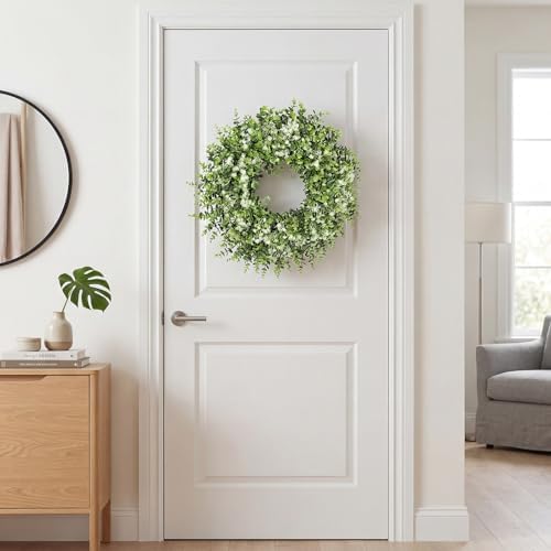 26 inch faux boxwood wreath for front door, front angle view