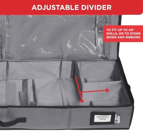 HOLDN’ STORAGE Premium Wrapping Paper Storage Container - Durable 600D Tear-Proof, Fits 27 Rolls Gift Wrap, Extra Pockets for Ribbons & Bows, Underbed Storage - Ideal for Holiday Christmas, Gray