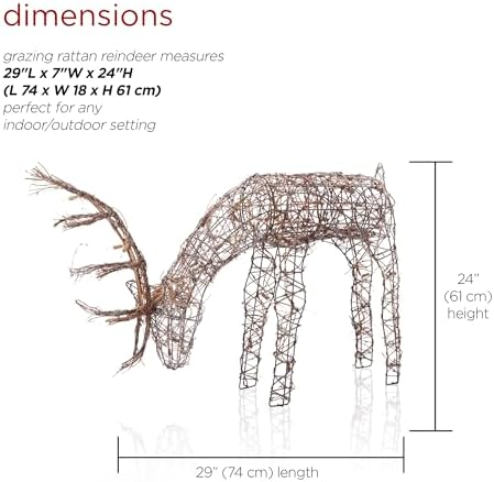alpine corporation 24" tall outdoor rattan grazing reindeer, side view