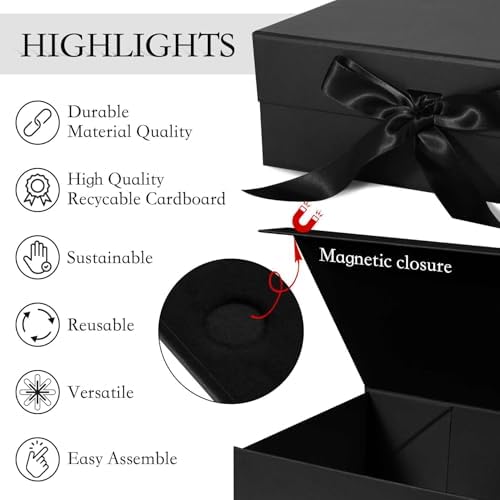 lfbox black gift box with ribbon magnetic lids, side view