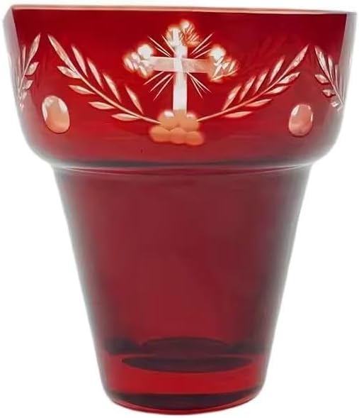 Orthodox Oil Lamp Glass Cup 10.49 cm | Engraved Cross Red Prayer Votive Holder, Orthodox Cross Laser Engraving, Church and Home Altar Devotion