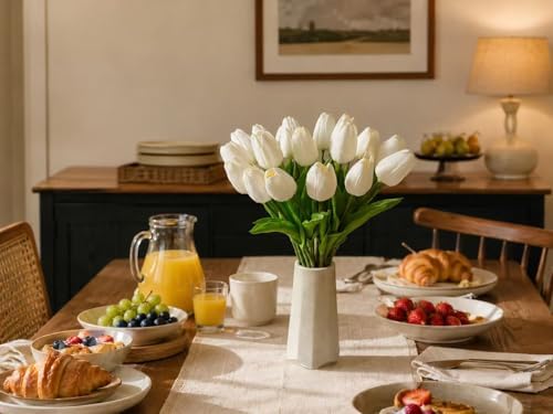 Mandy's 20pcs Artificial White Tulips | 13.5 Inch Lifelike PU Tulips Faux Floral Arrangement for Kitchen Island Dining Table Centerpieces and Home Decor