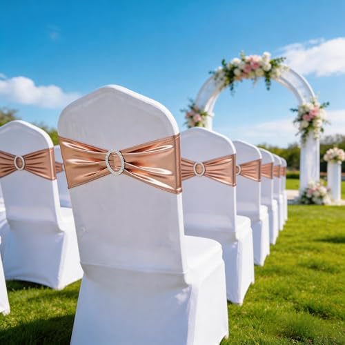 Spandex Rose Gold Chair Sashes Bows 100 Pack Pink Gold Chair Bands with Buckle for Wedding Birthday Party Bridal Shower Anniversary Engagement Events Decorations