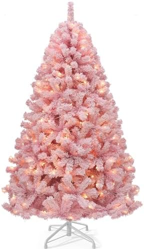 yitahome 6ft prelit pink flocked christmas tree with, front angle view