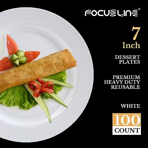 focusline 100 white plastic plates, 7" small disposable shown in use