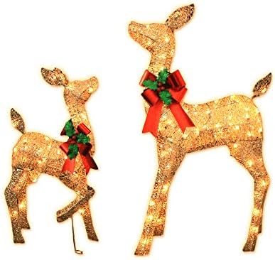 38in christmas deer set decoration 2pc deers, lighted, front angle view