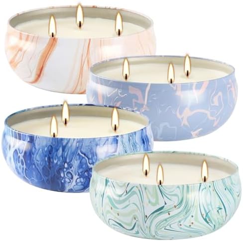 Set of 4 Triple Wick Marble-Style Citronella Scented Candles Natural Soy Wax Summer Outdoor Candles for Outside Indoor Patio Home Garden Yard Balcony Camping Porch BBQ.