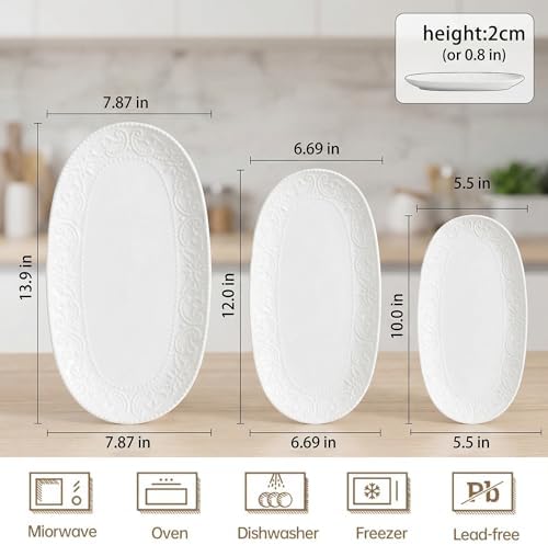 oval serving platter, 14"/12"/10" ceramic serving platters, embossed, side view