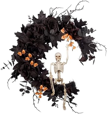 20" Pre-lit Halloween Black Moon Wreath with Poseable Skeleton, Handmade Halloween Wreath Decor for Home Front Door Porch Wall Hanging
