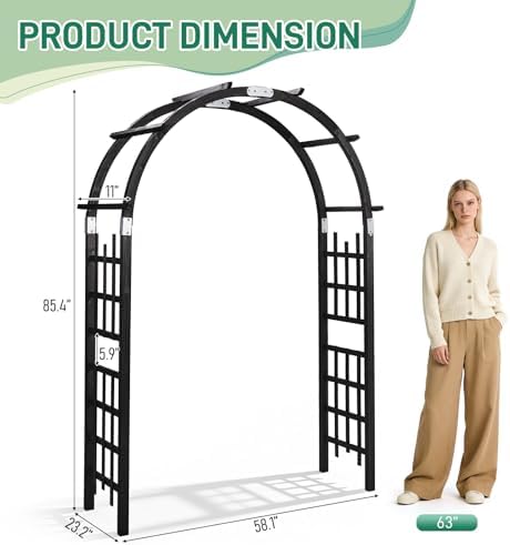outvita 7ft black wooden arbor arch, garden trellis shown in use