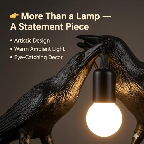 Shandaglo Raven Lamp Gothic Decor, Black Crow Table Light with LED Bulb E12