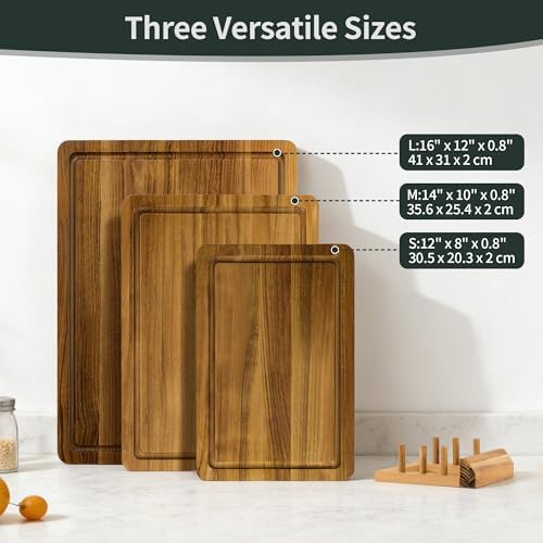 teak cutting board set for kitchen, 3 pack showing dimensions
