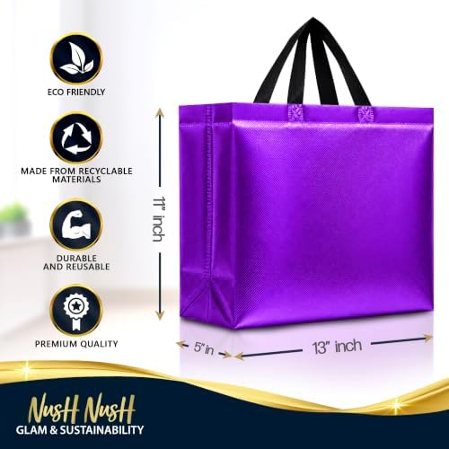 Nush Nush Mix Color Gift Bags Large Size – Set of 12 Reusable Large Gift Bags with Handles in 6 Glossy Vibrant Colors - Perfect Goodie Bag for Birthday Party Favor, Christmas, Holiday – 13x5x11