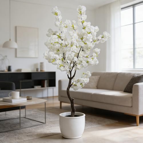 bincue artificial white cherry blossom tree fake tree, side view