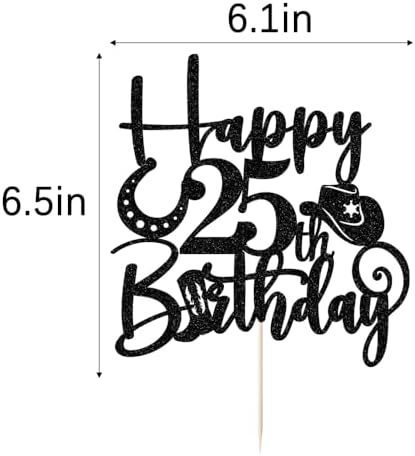 Kaoenla Glitter Black "Happy 25th Birthday" Cowboy Themed Cake Topper - Western Style Party Decoration for 25th Birthday & anniversary photo props Celebration