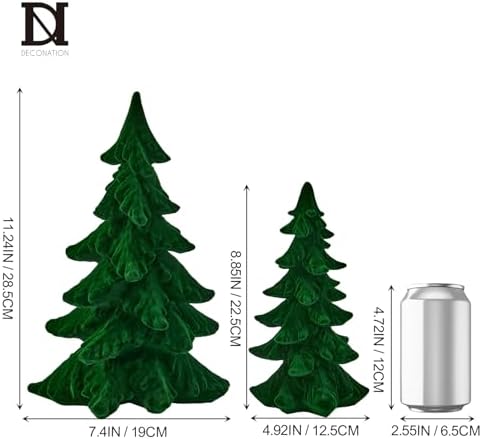 dn deconation flocked christmas tree figurines, green velvet, close-up detail