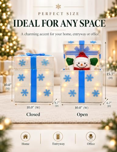 christmas decorations outdoor, lighted pop-up snowman gift box, close-up detail