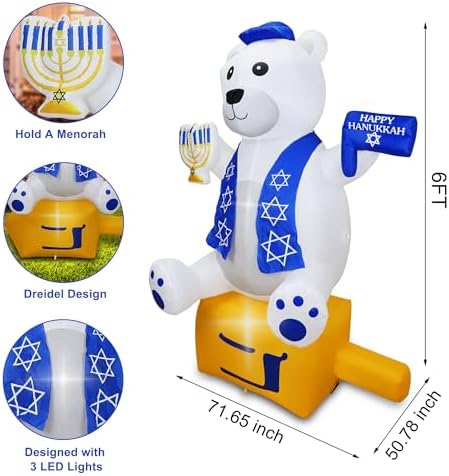 6 foot hanukkah inflatables outdoor decorations bear holding, close-up detail