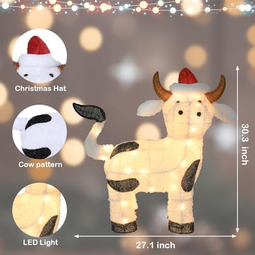 bshine lighted christmas cow decor, pre lit led shown in use