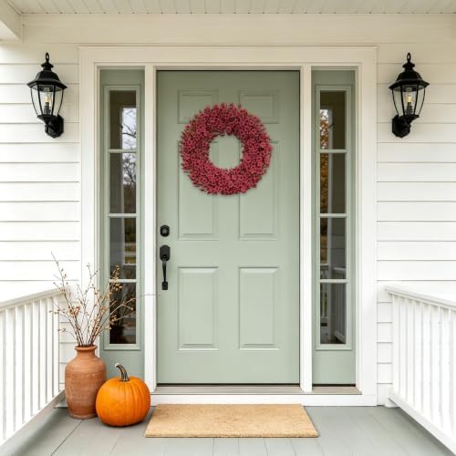 24" burgundy fall wreath for front door, artificial showing dimensions