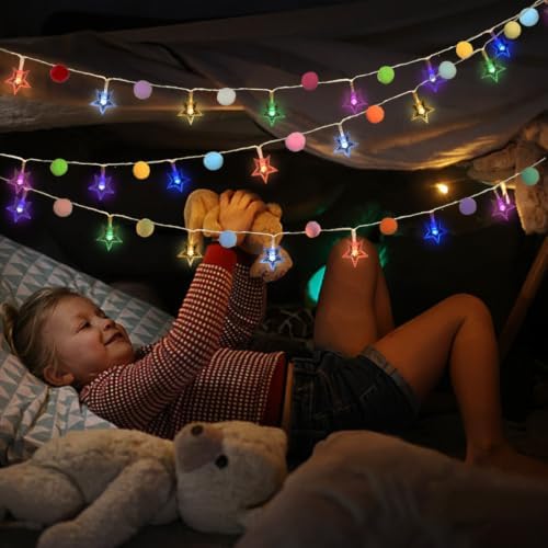 9.85FT String Lights for Kids Room with 20 Cute PomPoms 20 Colorful Star LED Indoor String Lights Battery Operated with Timer for Girls Bedroom Birthday Party Kids Playhouse Wedding Party Decoration