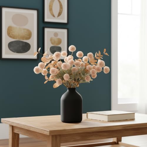 Artificial Flowers for Vase - Beige Silk Mums 10 Long Stems with Eucalyptus, Faux Flowers Home Decor, Neutral Tan Cream Floral Arrangement, Fake Chrysanthemum Pom Pom Stems, Summer Fall Centerpiece