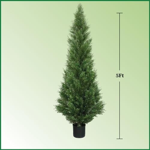 two 5 foot outdoor artificial cedar topiary trees, close-up detail
