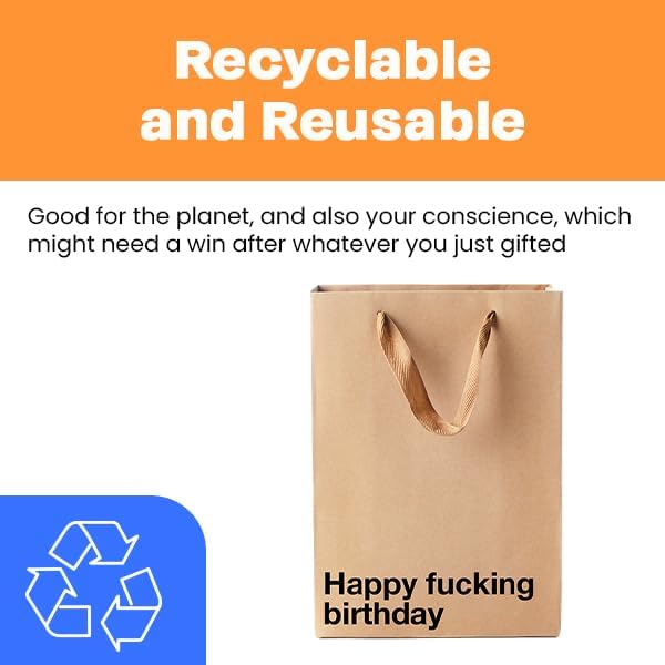 MilkToast Brands Funny Profanity Gift Bag, 11" x 8" x 4" Size, Happy Fucking Birthday, Reusable Brown Kraft Paper Swear Word Bag for Father's Day, White Elephant, and Birthday Gifts