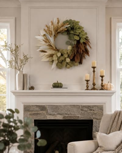 24" fall wreath for front door, faux leaves, close-up detail