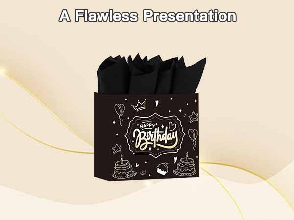 DUGUTUL Upgraded 13" Black Happy Birthday Gift Bag with Tissue Paper and Greeting Card for Party, Gold-Foil “Happy Birthday” Gift Bag for Men Women Boy Girl, Inner-Bond Handles – No Punch Holes, No Rip-Outs