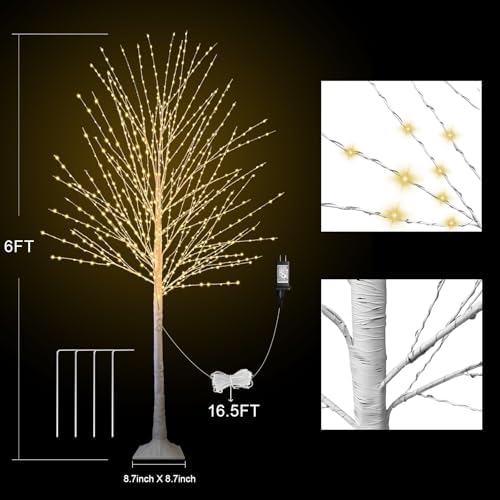 6ft lighted birch tree with 880 led warm, close-up detail