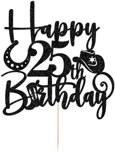 Kaoenla Glitter Black "Happy 25th Birthday" Cowboy Themed Cake Topper - Western Style Party Decoration for 25th Birthday & anniversary photo props Celebration